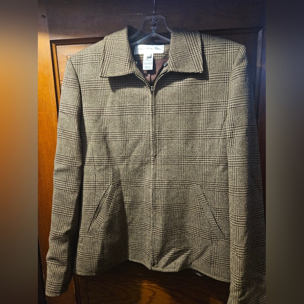 Vintage 90's Jones New York Wool Brown Houndstooth Blazer And Skirt Set